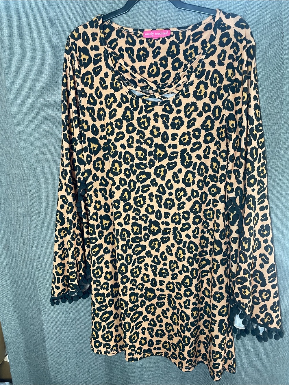 Simply Southern Leopard Print Tunic Top Criss Cross Pom Pom Bell Sleeve size S